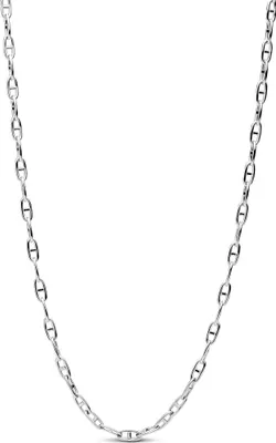 A silver anchor chain necklace is displayed against a white background.