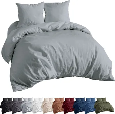 A grey duvet cover and pillow set is shown on a white background. Below the main product image, there is a row of smaller images showing the same bedding set in various colors.