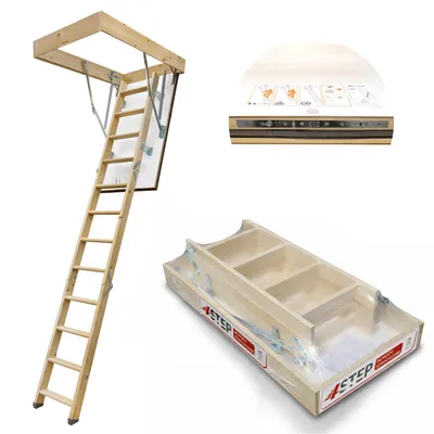 A collage of images showing a wooden attic ladder, a close-up of its mechanism, and a packaged attic ladder.