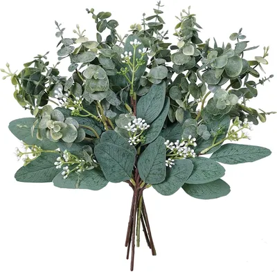 Produktbild von 18-teiliges künstliches Eukalyptus-Pflanzen-Set, künstliche Eukalyptuspflanzen, künstliche Blumen, realistische grüne Eukalyptuszweige für Hochzeiten, Heimdekoration, Partydekoration, Tischdekoration, Blumenarrangements
