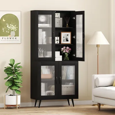 Immagine prodotto di Dispensa - Mobile da cucina - Armadio contenitore - Credenza - Mobile - Nero - Ripiani regolabili - Ante trasparenti