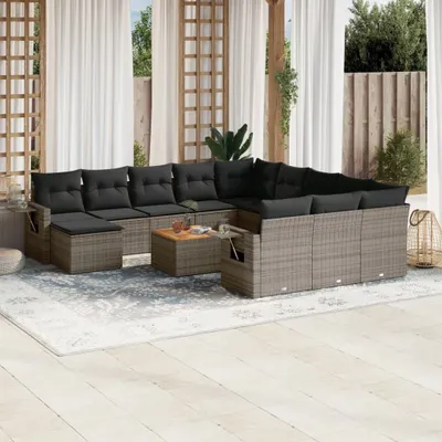 Produktbild von Design 13-tlg. Garten-Sofagarnitur mit Kissen Grau Poly Rattan, Gartensofas 2024 Neu