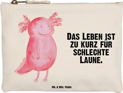 Produktbild von Mr. & Mrs. Panda Kulturbeutel Axolotl Glücklich Größe M - Weiß - Geschenk, Motivationsspruch, kosmetiktäschchen, Kosmetiktasche, Lurch, Mäppchen, Kulturtasche, Gute Laune