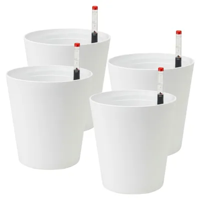 Produktbild von Leni FLORI orchid Orchideentöpfe 4er Komplett-Set Ø 13 cm H 15 cm Weiß mit Übertopf Innentopf Drainagescheibe und Gießanzeiger Kunststoff zum Umtopfen für Orchideen