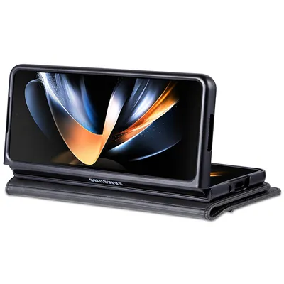 A black leather wallet-style phone case is shown with a Samsung phone inside.