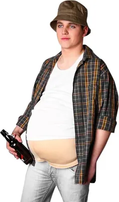 A man wearing a costume to simulate a large belly, holding a bottle of beer.