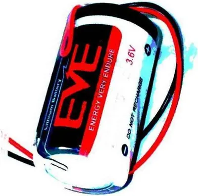 A close-up of a lithium battery with red and black wires.