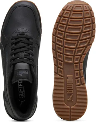 A pair of black Puma sneakers shown from a top-down view and a sole view.