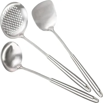 Produktbild von Wok Spatel 3 Set, 17"/43,5 cm Zu den hitzebeständigen Wok Werkzeugen gehören ein Spatel aus Edelstahl, eine Küchenkelle, ein Kochlöffel, Wok Utensilien und Wok Zubehör