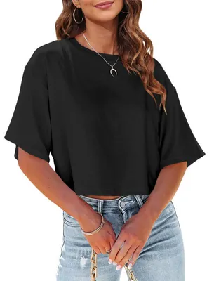 Produktbild von Kurzes Damen-T-Shirt in Unifarbe mit überschnittenen Schultern und Rundhalsausschnitt,Größe:L