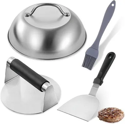 Produktbild von Famanu Smash Burger Set – Professionelles 4-teiliges BBQ-Set mit Presse, Spatel und Burgerhaube