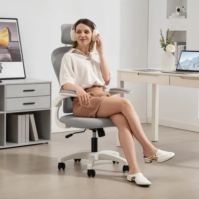 Immagine prodotto di MODFU Sedia ergonomica per ufficio Sedia girevole per PC con altezza del sedile regolabile, sedia imbottita reclinabile con braccioli ribaltabili e schienale in rete, grigio