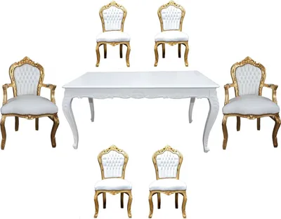 Produktbild von Casa Padrino Barock Esszimmer Set Weiß/Gold - Esstisch + 6 Stühle