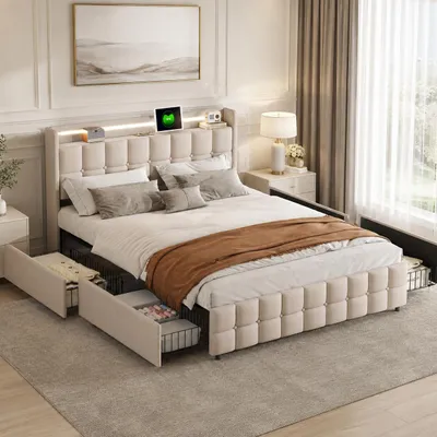 Immagine prodotto di Letto imbottito INONEFT, 140x190 cm, con illuminazione LED, porte USB di tipo C e USB, letto per giovani con struttura a molle e 4 cassetti, rivestito in lino, colore beige, senza materasso, Immagine generata dall'IA