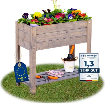 Obrázek produktu pro ITA Dřevěný vyvýšený záhon 80x37x78 cm - Truhlík s policí a vnitřní vložkou - Vyrobeno v EU - Přímo od výrobce - Borovicové dřevo- Záhonový květinový truhlík na zahradu balkon terasu - Šedý