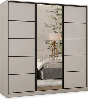 Produktbild von Masseno Schiebetürenschrank PINA 180/205/58 cm Kleiderschrank mit 4 Schubladen Schlafzimmer Schrank 3-türig mit Spiegel Kaschmir