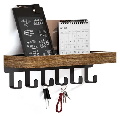 Productafbeelding van Sleutelbord met houten plank en 6 haken – Multifunctionele sleutelhouder met opbergruimte, geschikt voor de hal, slaapkamer en keuken