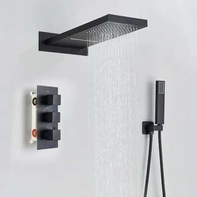 Immagine prodotto di Set doccia - Cascata e soffione a pioggia - Miscelatore termostatico da incasso - Nero opaco