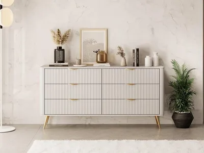Produktbild von Kommode LANTE 160 – Beige Kaschmir, 6 gerillte Schubladen, goldene Griffe und Beine