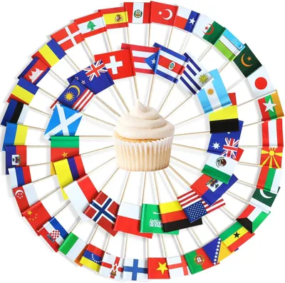 Imagen del producto de Banderas internacionales: paquete de 100 unidades, representando 100 países. Ideales para decoración de fiestas y centros de mesa. Palillos de cóctel con banderas de diferentes países