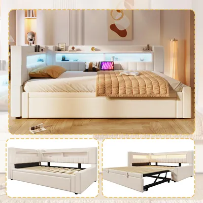 Produktbild von Merax Tagesbett 90x200 cm (180x200 cm), Polsterbett mit Ausziehbett, USB Typ-C, LED-Beleuchtung, Sofabett, Doppelbett, Leinen Daybett, Beige