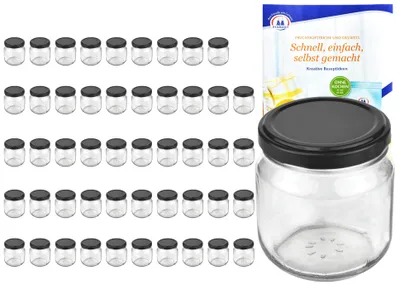Zdjęcie produktu dla zestaw 50 okrągłych szklanych słoików na przetwory o pojemności 212 ml z czarnymi pokrywkami, w tym książeczka z przepisami