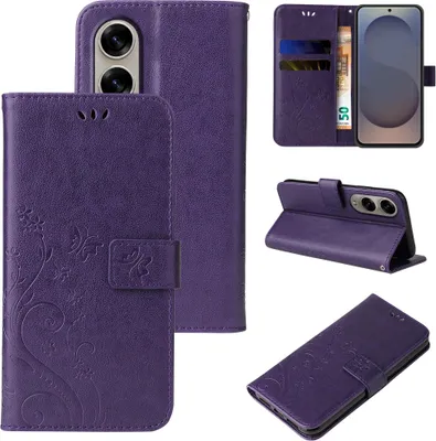 Produktbild von Handyhülle für Samsung Galaxy S25 Edge Floral Blumen Schmetterling Flip Cover Hülle Case Klapphülle Handytasche Farbe: Violett