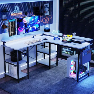 Image de AIORBER Bureau d'angle gaming 140x140 cm avec éclairage LED RGB, réversible, support d'écran & prise électrique, bureau en L pour bureau à domicile, blanc