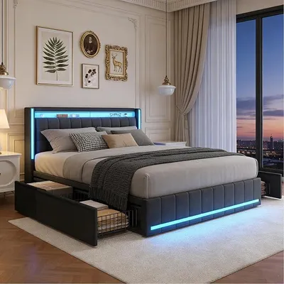 Image de Lit avec coffre de rangement, dimensions 140x200, lit double avec ports USB et éclairage LED, lit pour adolescents avec 4 tiroirs, lit multifonctionnel, cadre de lit avec sommier à lattes, linge de lit (gris, 140 x 200 cm)