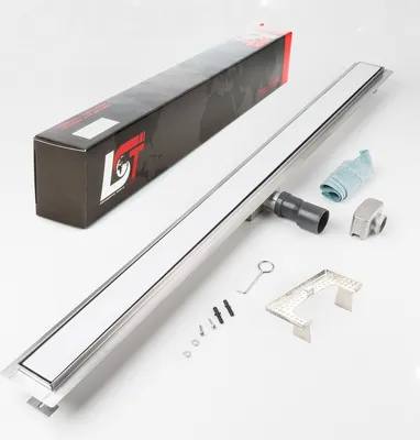 Produktbild von Duschrinne Glas weiß 1200x70mm Ablaufrinne Gitter mit Edelstahl Siphon Haarsieb