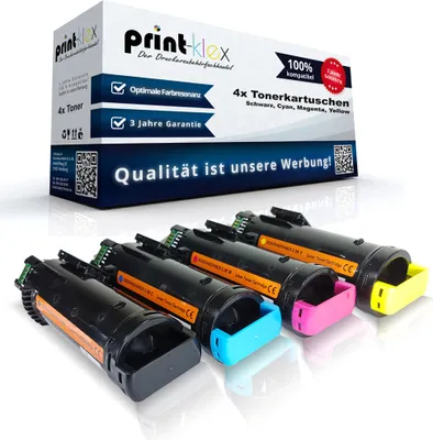 A box of toner cartridges with four toner cartridges displayed in front of it.