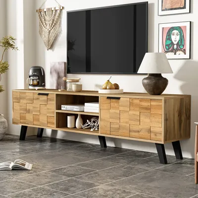 Produktbild von okwish TV-Schrank TV-Lowboard mit 2 Türen und 2 offenen Fächern,160,5 x 35,5 x 45 cm, Fernsehtisch Wohnzimmerschränkefür Wohnzimmer, Holzfarbe