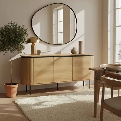 Immagine prodotto di Credenza moderna rettangolare 3 ante L160 cm legno chiaro - Oviala Hemera