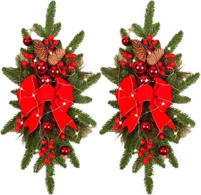 Produktbild von 2er-Pack künstliche Weihnachtsgirlande, beleuchtet, tropfenförmiger Zierkranz, Girlande für Haustür, Wand, Fenster