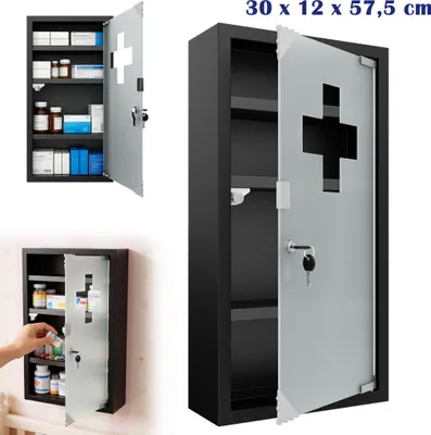 Image de Armoire à pharmacie LZQ en acier inoxydable 57,5 x 30 x 12 cm, armoire à pharmacie verrouillable avec porte vitrée, armoire à pharmacie domestique, armoire de premiers secours, noir