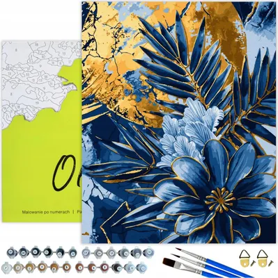 Obrázok produktu pre Maľovanie podľa čísel Dospelí Kvety Nočné kvety Modrá 50x40 - 17 akrylových farieb, plátno s dreveným rámom, 3 štetce, príslušenstvo, zlatá farba Oh Art!