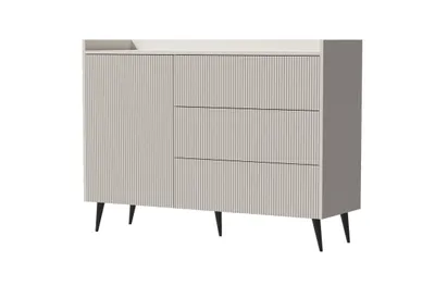 Zdjęcie produktu dla Komoda Albello Adenis - Nowoczesna komoda do salonu, komoda do sypialni z rowkowanymi frontami, beżowy kaszmir i czarny - 126 x 92 x 41 cm