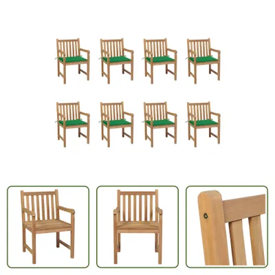 Produktbild von The Living Store Gartenstühle 8 Stk. mit Grünen Kissen Massivholz Teak
