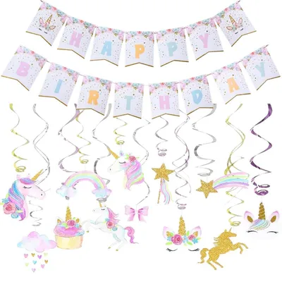 Immagine prodotto di Ghirlanda di compleanno a tema unicorno, striscione "Buon Compleanno" con stelle e arcobaleni, ideale per feste di compleanno per bambini