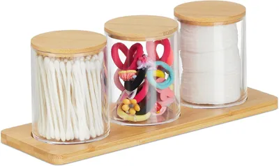Image de Support pour cotons avec plateau - 3 pots avec couvercles - Organisateur de cosmétiques - Plastique - Transparent - Naturel