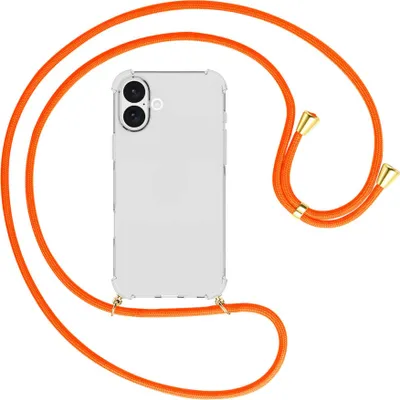 Produktbild von Handykette Backcover-Schutzhülle mit Band (Metall goldfarben) für iPhone 16 Plus - neonorange