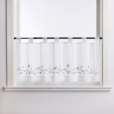 Produktbild von Joyswahl Scheibengardinen Bistrogardine Schlaufen Modern Küche Gardinen Landhausstil Kurzstores mit kleiner Gänseblümchen-Stickerei Transparent Weiß HxB 45x140 cm