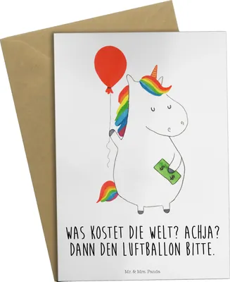 Produktbild von Mr. & Mrs. Panda Glückwunschkarte Einhorn Luftballon - Weiß - Geschenk, osterkarte, Freundin, genesungskarte, Unicorn, vatertagskarte, Geld, Einhörner, einladungskarten