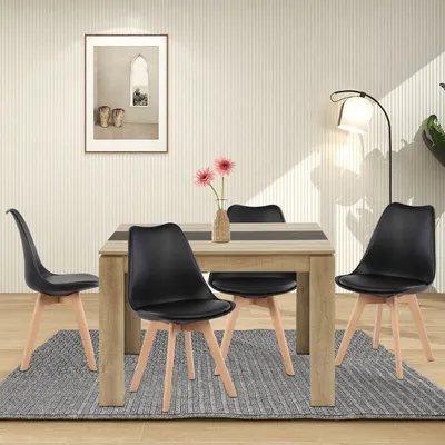 Image de HJ WeDoo Ensemble de salle à manger Table de salle à manger moderne imitation chêne avec 4 chaises noires en hêtre massif, 110x70x75cm