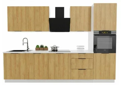 Obrázek produktu pro Kuchyňská linka 300 cm - s bílou pracovní deskou - Dub Hicora - horní a dolní skříňky - tiché dovírání Soft-Close - BONO