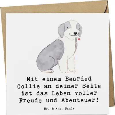 Produktbild von Mr. & Mrs. Panda Grußkarte Bearded Collie Freund - Weiß - Geschenk, Hundeliebhaber, Hunderassen Beschreibung, Glückwunschkarte, liebevoll, anlasskarte, Pflege, Familie