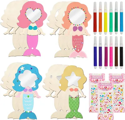 Productafbeelding van 12 stuks zeemeermin hobby -set, maak kinderen handspiegels met handvat, houten spiegel voor knutselende kinderen, met 12 aquarelpotloden