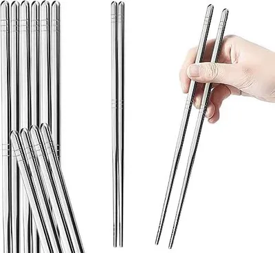 Produktbild von Metall-Essstäbchen 5 Paare 9,5 Zoll Premium Wiederverwendbare Edelstahl-Essstäbchen 304 Koreanische Quadratisch Leichtgewicht Rutschfest Spülmaschinenfest