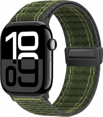 Produktbild von Smartwatch Armband für Apple Watch Series 11 46mm Nylon Textil Band Ersatzband Wechselband Magnetverschluss flexibel atmungsaktiv Grün Oliv