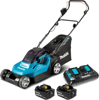 A cordless lawnmower with two batteries and a charger, presented on a white background.